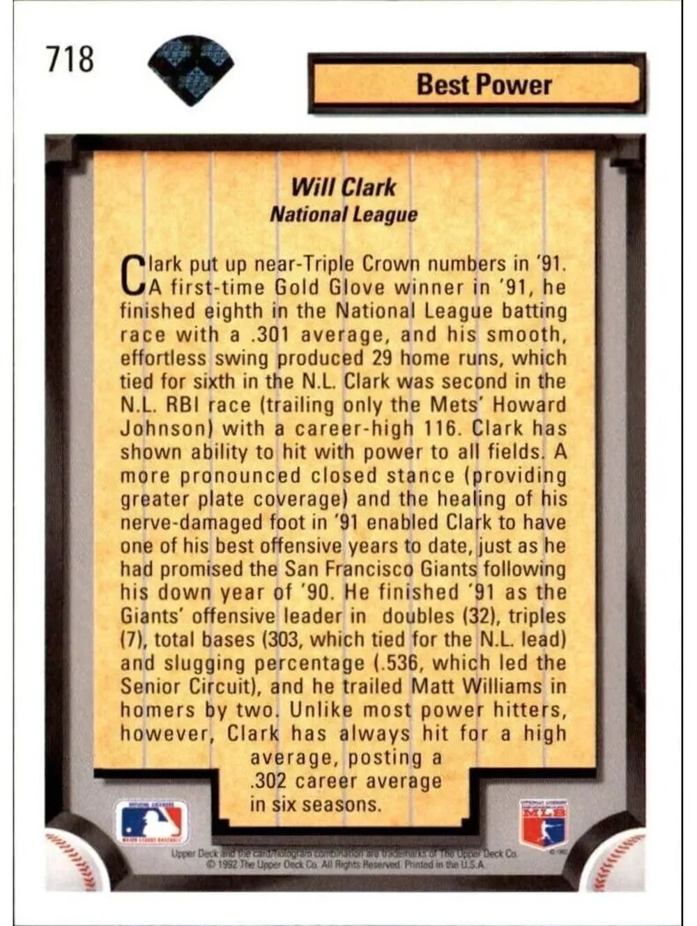 Will Clark 1992 Upper Deck MLB #718 Diamond Skills Baseball Card SF Giants